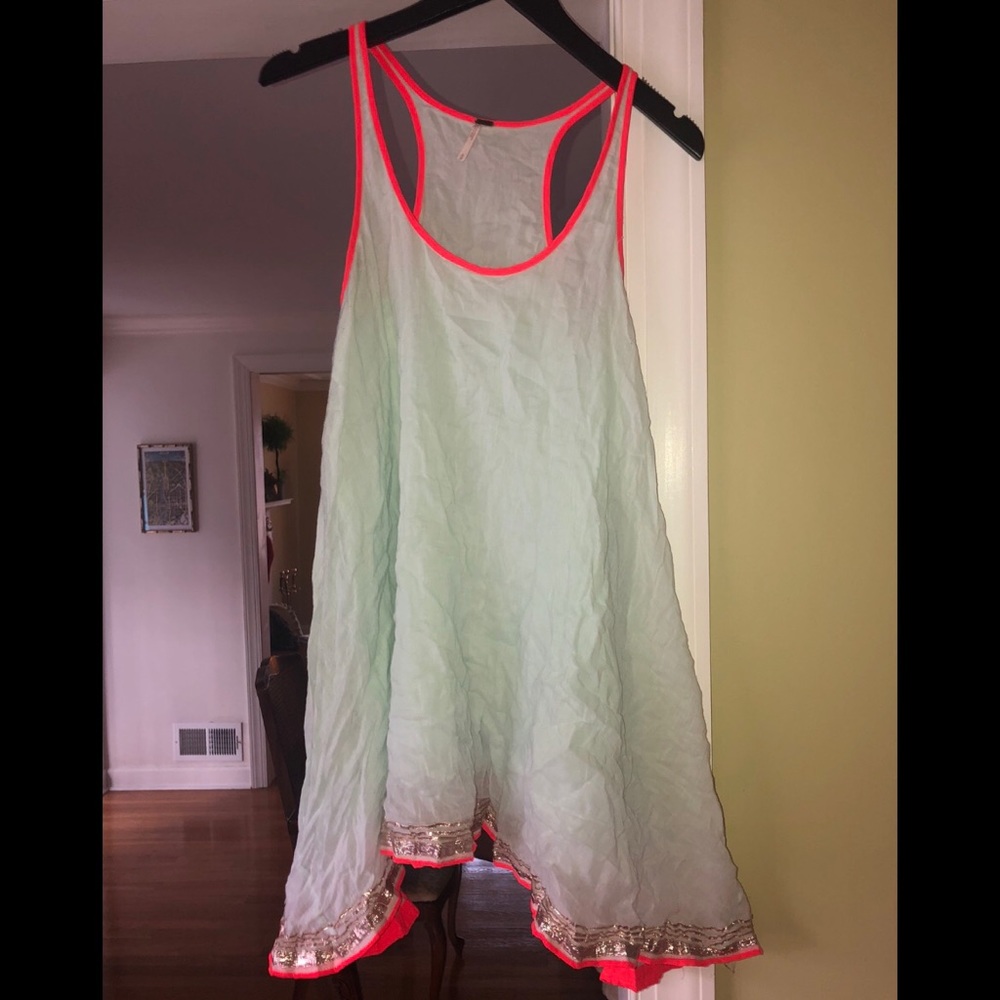 Free People Mint Green Mini Dress with Neon Pink and Gold Accents